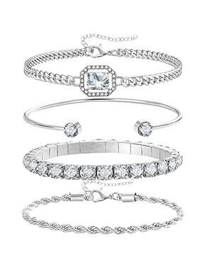 4 Pcs Dainty Gold Silver Bracelets Set for Women 14K Plated Link Cubic Zirconia